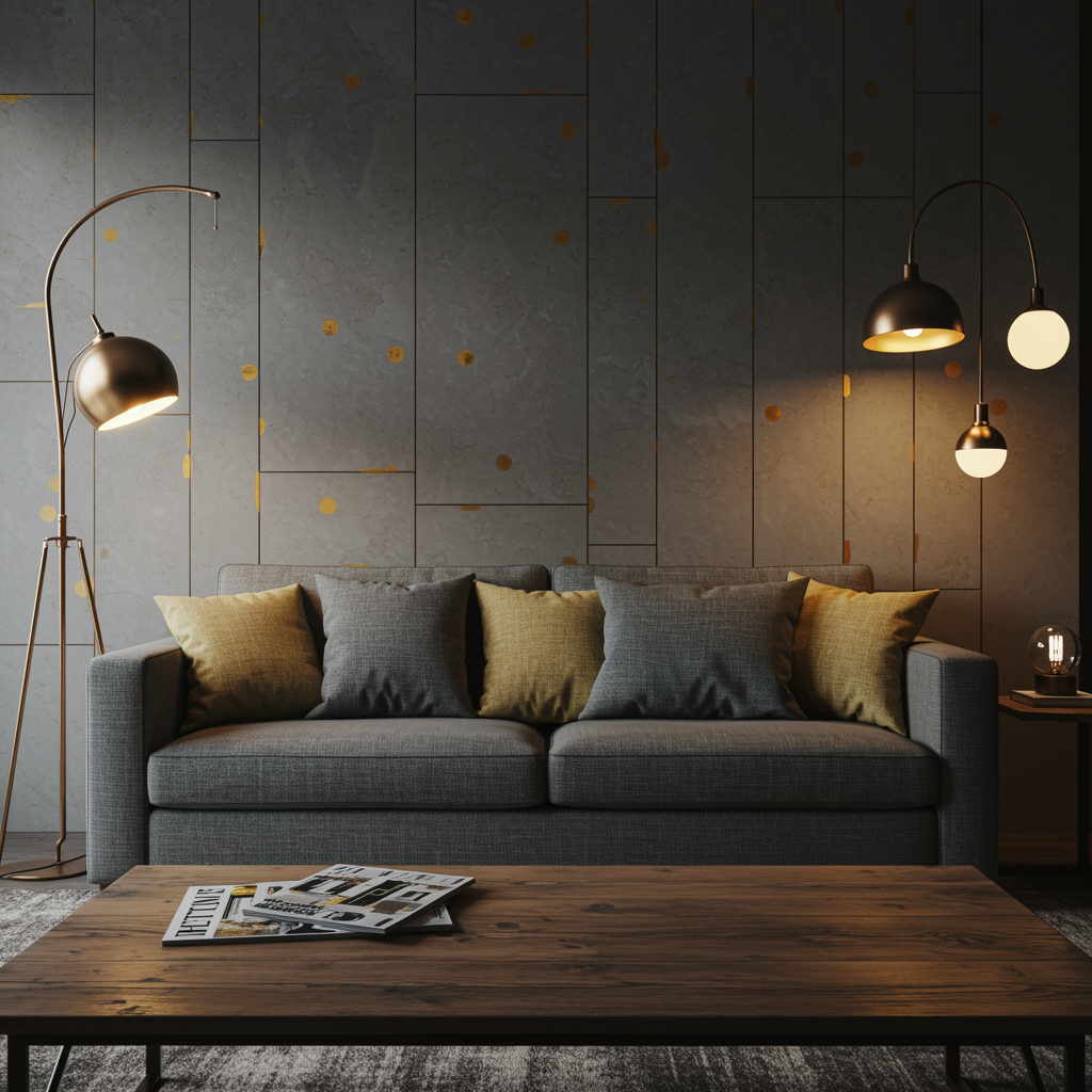 imagen1 "Elementos decorativos modernos en un interior de lujo: pared texturizada con inlays dorados, cojines ecológicos, sofá elegante, mesa de café de madera recuperada y luminarias escultóricas que reflejan sofisticación y sostenibilidad."