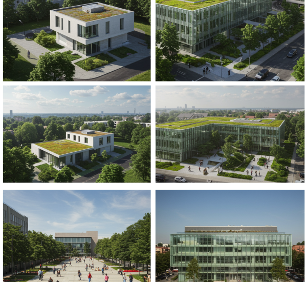 imagen2 "Montaje fotorealista de proyectos arquitectónicos diversos, incluyendo una casa minimalista con techo plano y paneles solares, un edificio comercial de vidrio y acero con terraza verde, y una plaza urbana sostenible, destacando la experiencia en diseño residencial, comercial y urbanismo."