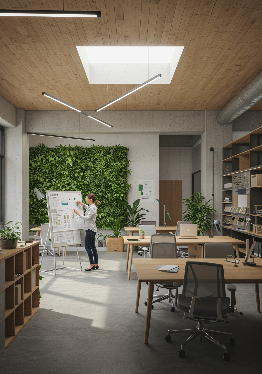 "Renderizado fotorealista de una oficina de co-working sostenible, destacando un diseño interior contemporáneo con elementos ecológicos y un ambiente luminoso y funcional."
