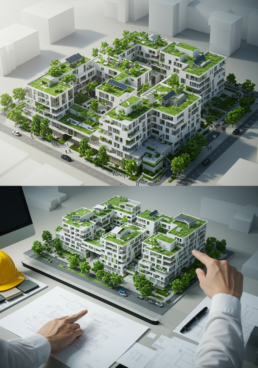 "Visualización arquitectónica en alta resolución de un desarrollo sostenible de uso mixto, con edificios blancos de techos verdes y paneles solares, destacando la creatividad y la responsabilidad ambiental."