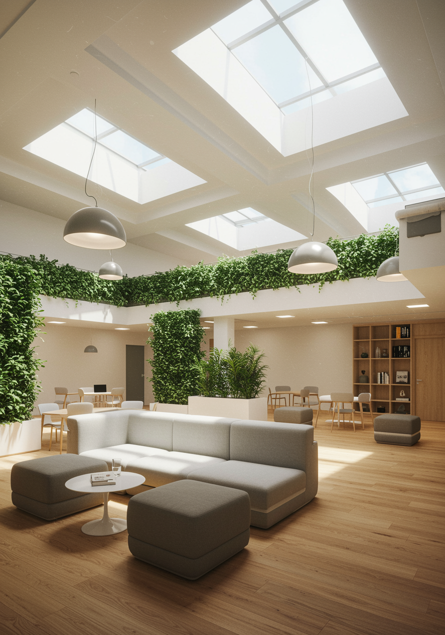 imagen3 "Renderizado fotorealista panorámico de un espacio multifuncional abierto con área de trabajo comunitaria, muebles modulares y diseño interior adaptable en tonos neutros."