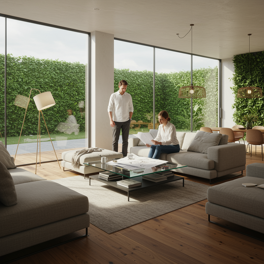 "Renderizado fotorealista de una sala de estar moderna y sostenible, con luz natural, mobiliario minimalista y elementos ecológicos, ideal para un portafolio de diseño de interiores."