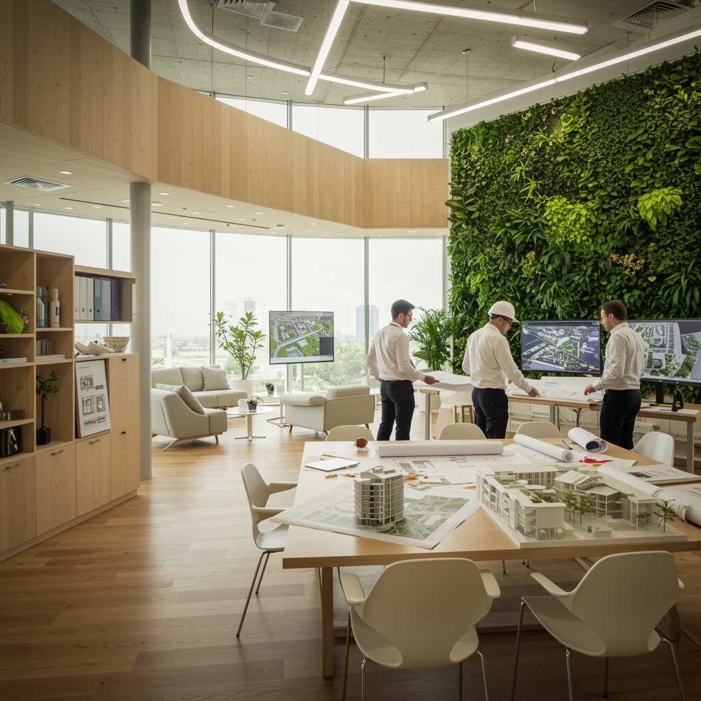 "Estudio de arquitectura moderno y sostenible con espacios abiertos, paredes verdes vivas, ventanales amplios y arquitectos colaborando en proyectos innovadores."