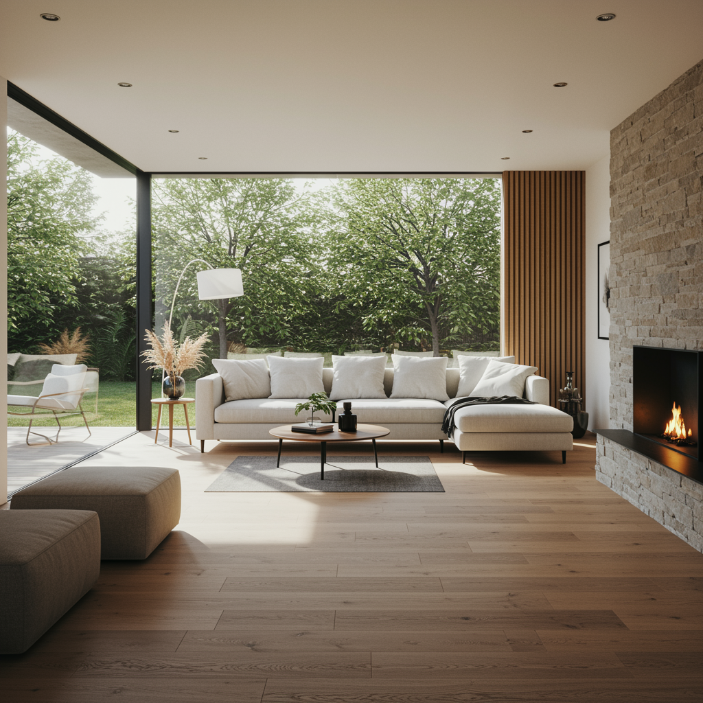 imagen5 "Interior fotorealista de sala de estar contemporánea con suelo de roble natural, grandes ventanales, sofá minimalista y decoración escandinava, reflejando funcionalidad y elegancia."