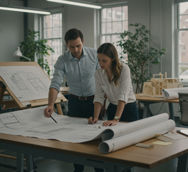 slider "Estudio arquitectónico moderno con arquitectos revisando planos en una mesa de dibujo, rodeados de tecnología y diseño biófilo."